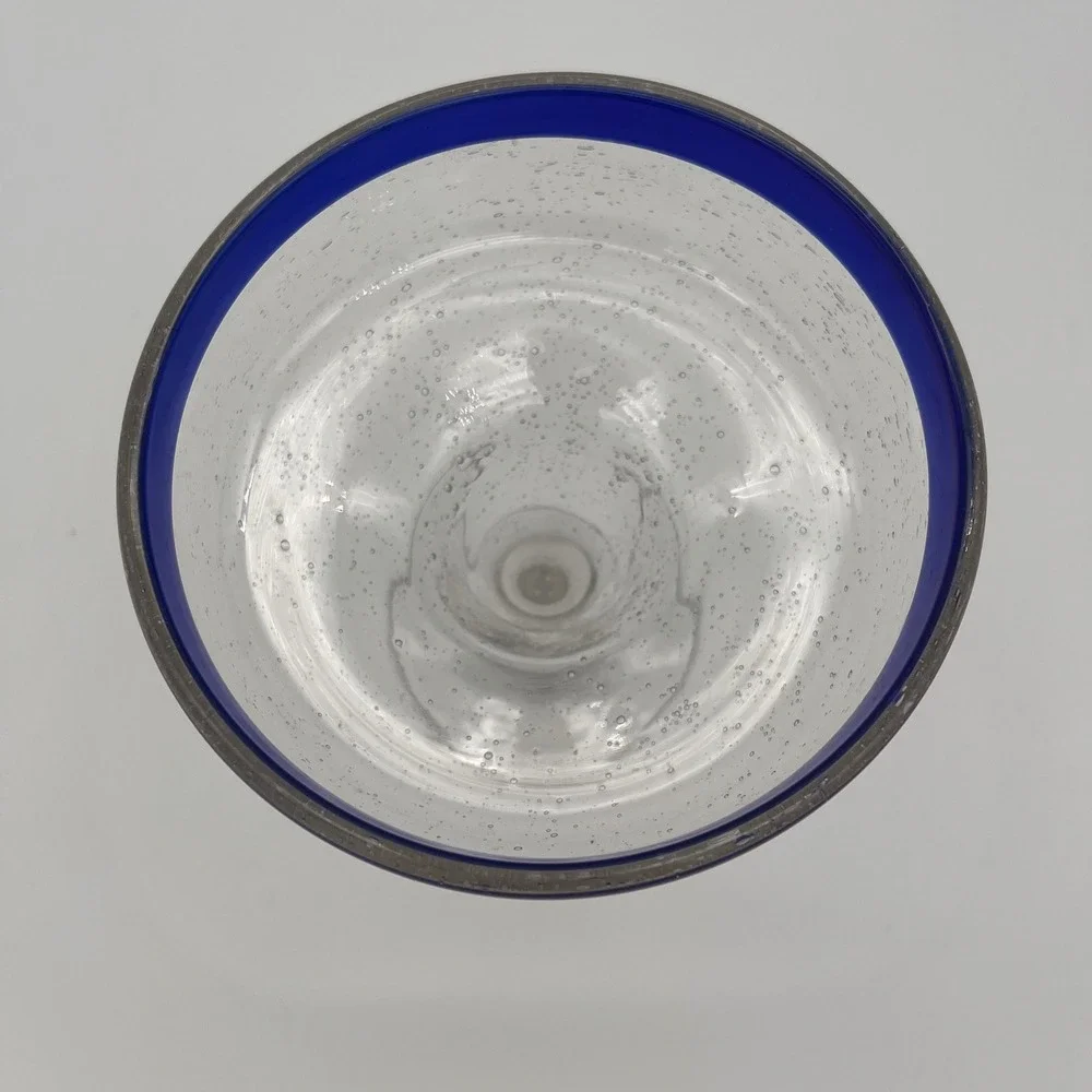 Hand Blown Mexican Margarita Glass Cobalt Blue Rim Seeded Glass Barware